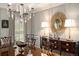 Charming dining room with chandelier, buffet, and decorative mirror, perfect for entertaining at 2080 Old Dominion Rd, Atlanta, GA 30350