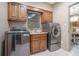 Laundry room featuring modern washer and dryer units, a utility sink, and built-in cabinets at 2080 Old Dominion Rd, Atlanta, GA 30350