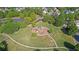 Aerial view of the community playground set in a grassy park-like area surrounded by mature trees and walking path at 3525 Elder Field Ln, Cumming, GA 30040