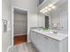 Bathroom with a double vanity, modern lighting, and a view into the walk-in closet at 4584 Brook Farms Dr, Duluth, GA 30096