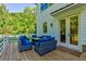 A back deck with modern patio furniture, and views of the lawn and trees at 136 Beutell St, Norcross, GA 30071