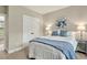 Bedroom with closet, lamps on side tables, a painting, and bed with blue accents at 10 Berryhill Se Pl, Cartersville, GA 30121