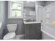 Modern bathroom features a gray vanity, toilet, tub with shower, and a bright window at 10664 Sandpiper Rd, Jonesboro, GA 30238