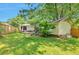 Landscaped backyard with small playhouse and swing set, mature trees, and wood privacy fence at 1443 Metropolitan Se Ave, Atlanta, GA 30316