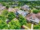 Aerial view of a home in a leafy suburban neighborhood showcases the home and manicured lawns at 207 Harmony Lake Dr, Canton, GA 30115