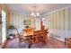 Traditional dining room with striped wallpaper, wood table, and ample seating for gatherings at 1935 Shrader Ct, Lawrenceville, GA 30044