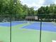 View of community tennis courts with blue playing surface and green surrounding; behind a fence at 1935 Shrader Ct, Lawrenceville, GA 30044