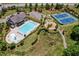 Overhead view of pool area with sun loungers, chairs, kiddie pool, tennis courts and playground at 6110 Read Rd, Suwanee, GA 30024