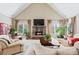 Cozy living room with stone fireplace, vaulted ceiling, and ample seating at 2041 Democracy Dr, Buford, GA 30519