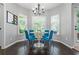Cozy breakfast nook with bay window offering natural light, a modern chandelier, and dark wood floors at 3174 Vickery Ne Dr, Marietta, GA 30066