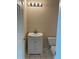 This bathroom features a sink with a white cabinet, a toilet, and modern lighting at 102 Peaceful Vw, Acworth, GA 30102