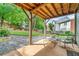 Covered patio with furniture and gravel bed overlooking a lush backyard with mature trees and a wooden fence at 111 Jeffrey Pl, Smyrna, GA 30082