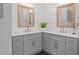 Bathroom with double sinks, gray cabinets, quartz counters, and modern fixtures at 111 Jeffrey Pl, Smyrna, GA 30082