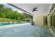 Covered patio with outdoor fan overlooking the pool and backyard at 2400 Worth Ave, Loganville, GA 30052