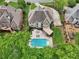 Aerial view showcases backyard pool, patio, screened porch, and a manicured yard within a residential neighborhood at 1225 Elk Ridge Cv, Alpharetta, GA 30005