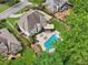Backyard view featuring a screened porch, patio with dining set, lounge chairs, and a beautiful pool at 1225 Elk Ridge Cv, Alpharetta, GA 30005
