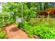 Lush backyard features mature trees, a covered area, and vibrant greenery at 529 Arnold Rd, Lawrenceville, GA 30044