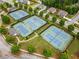 Aerial view showcasing four well-maintained tennis courts surrounded by lush greenery at 33 New Kent Ct, Villa Rica, GA 30180