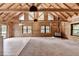 Spacious living room features log walls, wood beams, fireplace, and large windows at 2864 Winder Hwy, Dacula, GA 30019