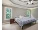 Bedroom featuring a ceiling fan, two windows, and a bed with blue floral sheets at 2482 Windchase Ct, Buford, GA 30518