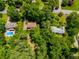 Aerial view of a neighborhood showing home, pool, and mature trees at 9041 Par Dr, Douglasville, GA 30134