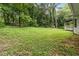 Large backyard featuring a green lawn and tall trees, offering privacy and space at 1353 Litchfield Ct, Snellville, GA 30078