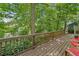 Large back deck surrounded by trees and greenery at 4649 Dahlia Dr, Pine Lake, GA 30072