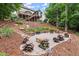 This backyard features an outdoor patio with stone firepit and wooded surroundings at 7059 Hunters Rdg, Woodstock, GA 30189