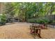 Backyard featuring rock groundcover, a fire pit, and wooded scenery at 1041 Standard Ne Dr, Brookhaven, GA 30319