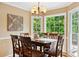 Dining room with large windows overlooking the lush backyard, wood table, and seating for six at 1300 Sever Woods Dr, Lawrenceville, GA 30043