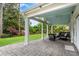 Cozy covered patio with stone flooring, ample seating, and a lush backyard at 2500 Madison Commons, Atlanta, GA 30360