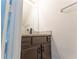 Stylish powder room boasting granite countertop and modern black fixtures at 3474 Washington Way, Atlanta, GA 30340