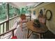 Inviting covered deck featuring rustic wooden furniture, perfect for relaxing and enjoying the outdoors at 3594 Saddlebrook Dr, Loganville, GA 30052