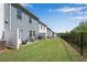 A long backyard with fence, green lawn and patio with seating area at 218 Jordan Dr, Woodstock, GA 30188