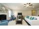 Spacious living room with a fireplace, comfortable seating, and a ceiling fan above at 655 Blackshear Trl, Temple, GA 30179