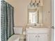 Bathroom with white cabinets, gray shower curtain and vanity lighting at 4213 Bretdale Nw Run, Kennesaw, GA 30152
