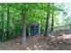 Backyard features a storage shed nestled amongst mature trees, offering additional storage and privacy at 59 Creekside Blf, Hiram, GA 30141
