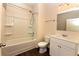 Bright bathroom featuring a shower-tub combo, white vanity and a toilet at 4255 Sunflower Cir, Cumming, GA 30040