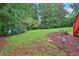 Backyard landscaping with grassy area and flower bed at 283 Heron Lake Ct, Lawrenceville, GA 30043