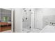 Modern bathroom featuring a glass shower with marble walls and matte black hardware at 4411 Paces Battle Nw, Atlanta, GA 30327