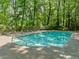 Community pool with sun loungers surrounded by tall trees and a wooden fence for added privacy at 4411 Paces Battle Nw, Atlanta, GA 30327