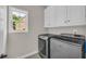 Well-lit laundry room featuring modern appliances and white cabinets with a window at 1213 Fairwinds Dr, Loganville, GA 30052