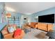 Inviting living room with leather sofas, television, ladder-style shelving, and light blue walls at 215 Piedmont Ne Ave # 303, Atlanta, GA 30308