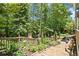 The backyard features a stone patio with lush landscaping, pathways, and a beautiful fireplace for outdoor living at 580 Washington Way, Cumming, GA 30040