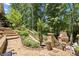 The backyard features a stone patio with lush landscaping, pathways, and a beautiful fireplace for outdoor living at 580 Washington Way, Cumming, GA 30040
