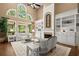 Beautiful living room with fireplace, built-in bookshelves, and large windows overlooking outdoors at 580 Washington Way, Cumming, GA 30040