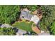 A high aerial view of a home on a tree-covered lot displaying the driveway and firepit at 4320 Oklahoma Nw Way, Kennesaw, GA 30152