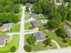 An aerial view shows homes in a community, with swimming pools, mature trees, and green lawns at 811 Ivy Ridge Dr, Loganville, GA 30052