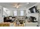 Bright living room featuring a fireplace, ceiling fan, and plush seating at 1001 Pine Ridge Dr, Stone Mountain, GA 30087