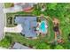 Aerial view of backyard featuring a kidney-shaped pool, patio with pergola, and well-manicured lawn at 1610 Turtle Pond Dr, Hoschton, GA 30548